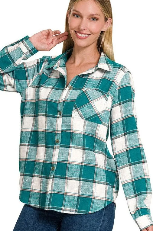 Cotton Plaid Shacket With Front Pocket