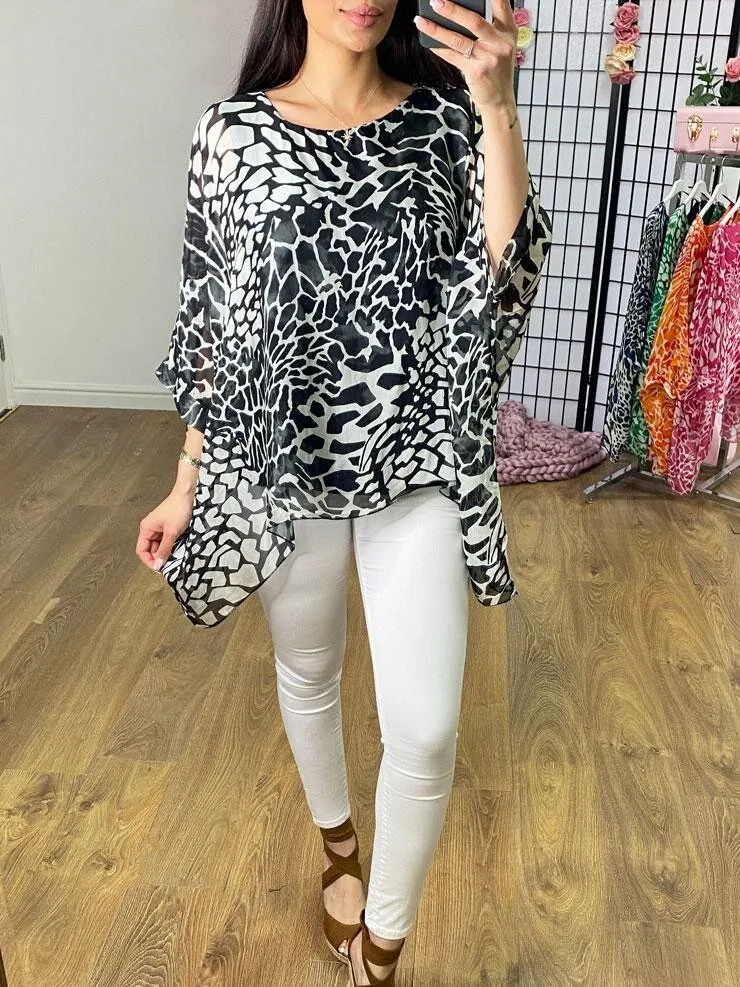 Dakota Giraffe Print Silk Double Layer Chiffon Sleeve Top
