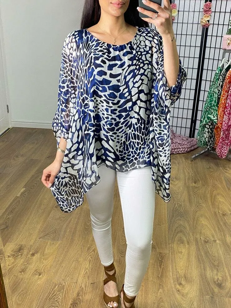 Dakota Giraffe Print Silk Double Layer Chiffon Sleeve Top
