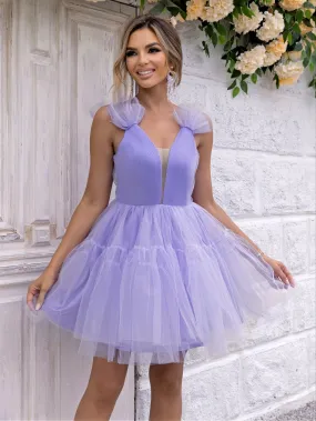 Deep V Plunge Neck Ruffle Mesh Party Dress