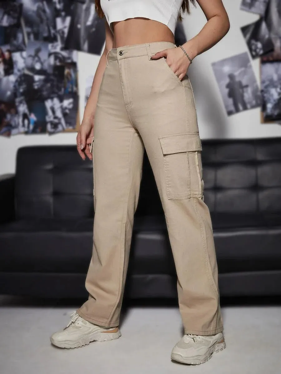 Denim High Waist Cargo Jeans