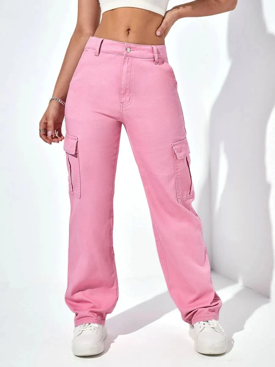 Denim High Waist Cargo Jeans
