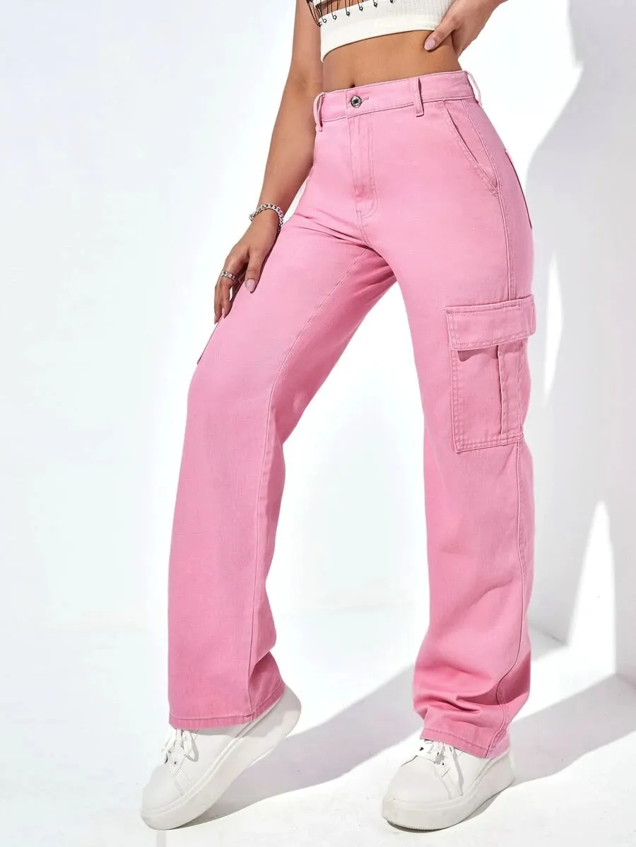 Denim High Waist Cargo Jeans
