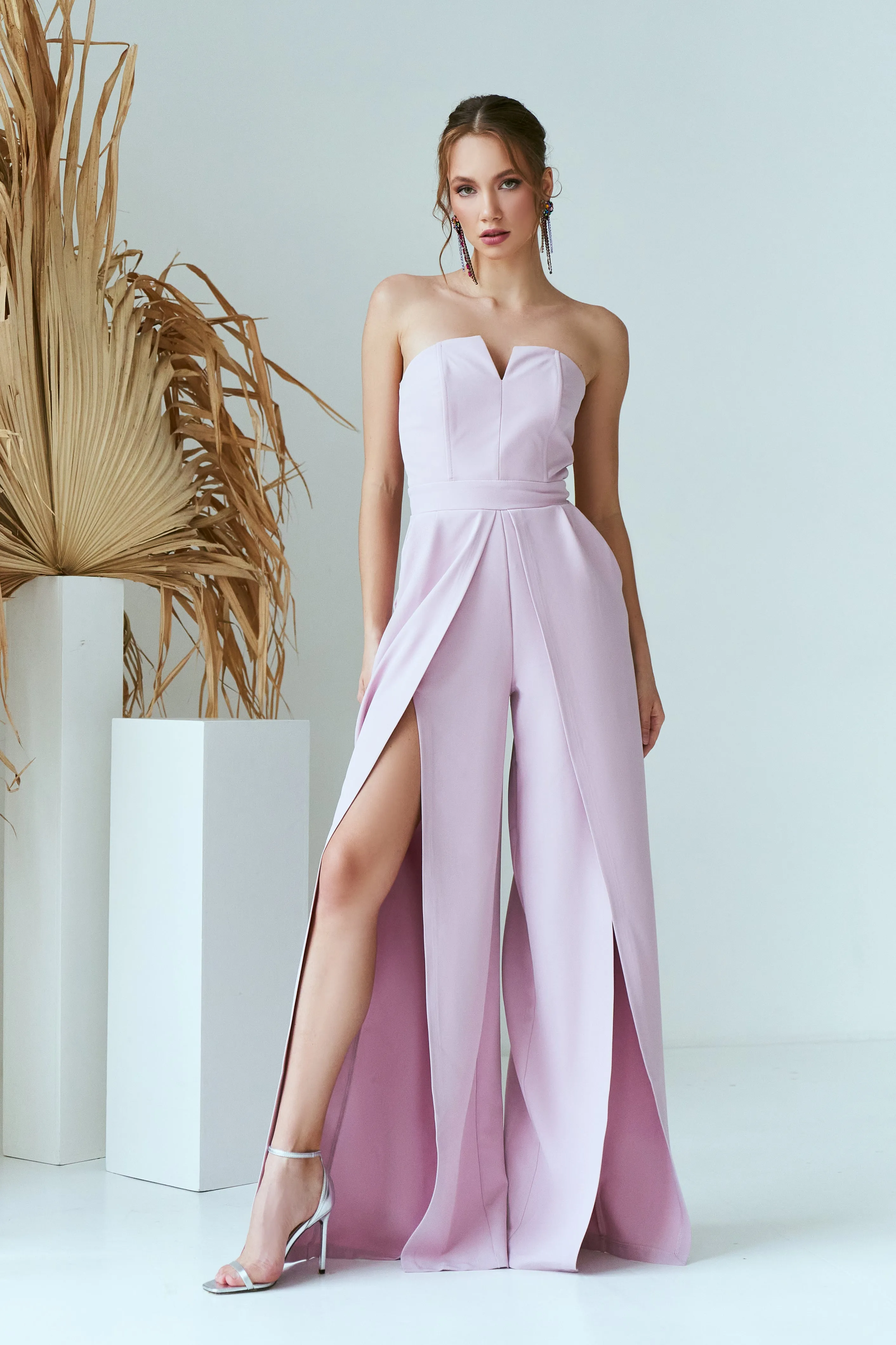 Dusty Pink Strapless V-Neck Jumpsuit