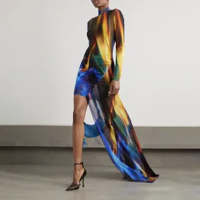 Elegant Long Sleeve Short Mop Tie Dyed Party Dress