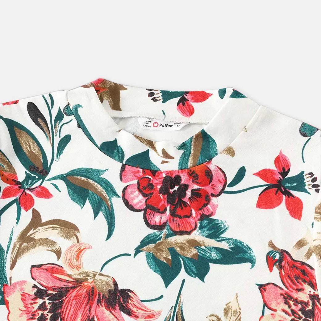 Family Matching 95% Cotton Colorblock T-shirts and Allover Floral Print Short-sleeve Bodycon Dresses Sets