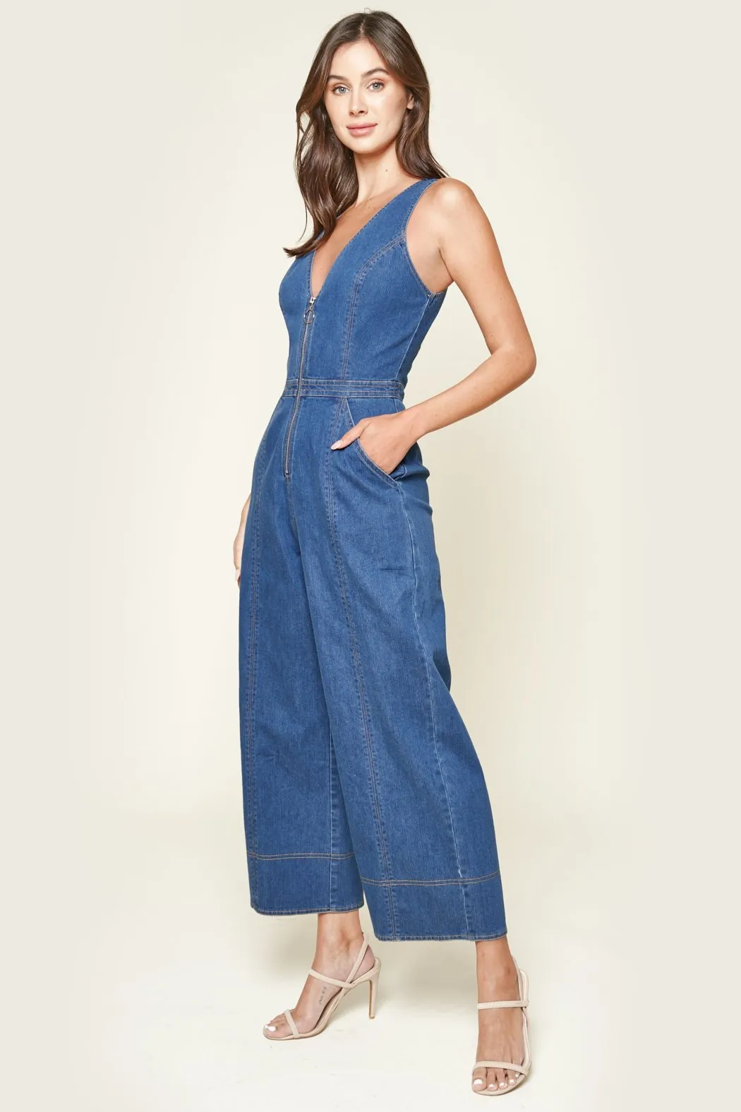 Far Out Denim Zip Front Jumpsuit