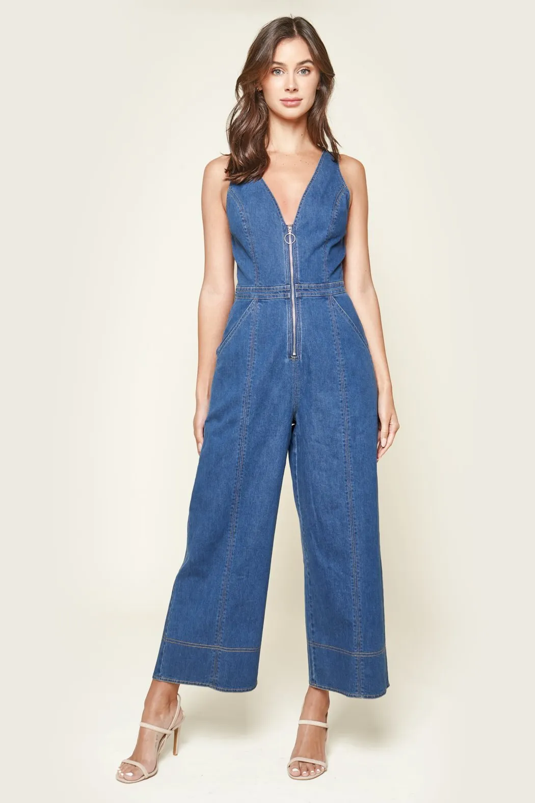 Far Out Denim Zip Front Jumpsuit