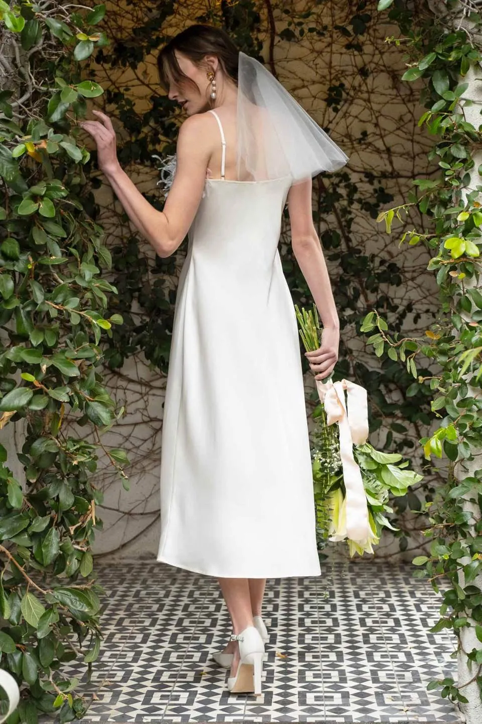 FAUX FEATHER TRIM SLIP MIDI DRESS