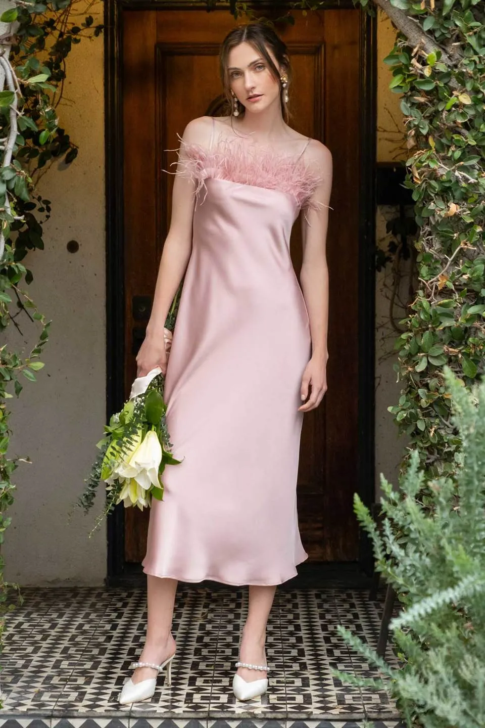 FAUX FEATHER TRIM SLIP MIDI DRESS