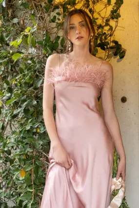 FAUX FEATHER TRIM SLIP MIDI DRESS