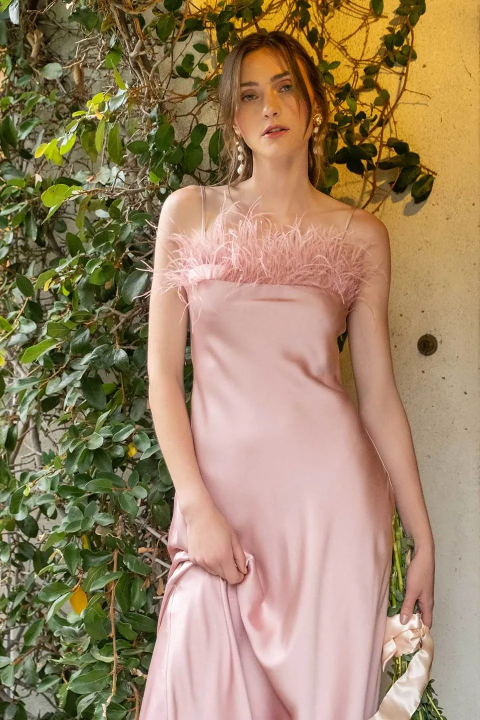FAUX FEATHER TRIM SLIP MIDI DRESS