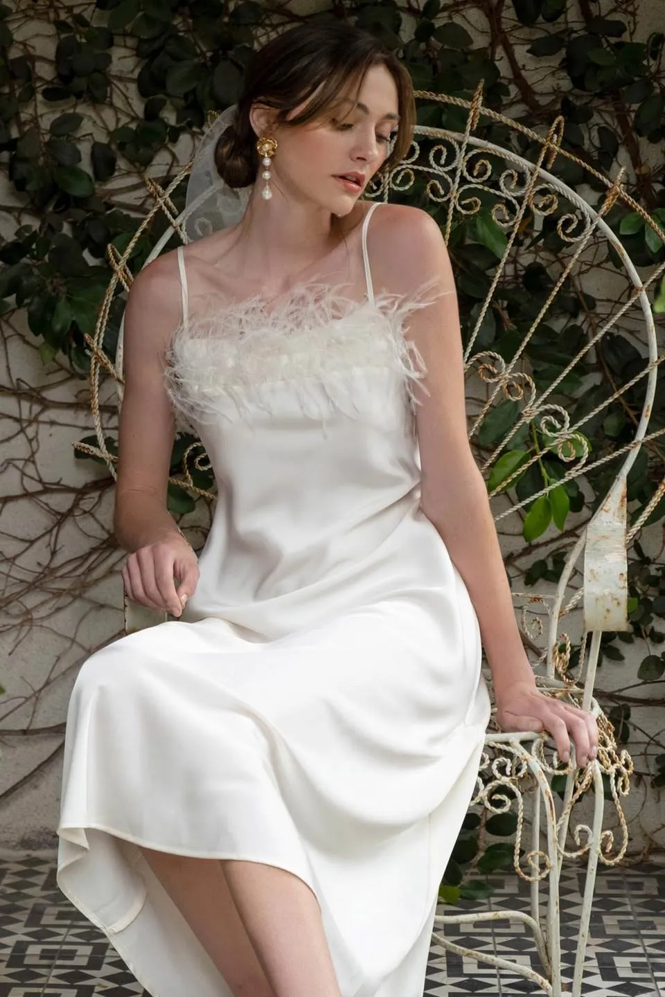 FAUX FEATHER TRIM SLIP MIDI DRESS