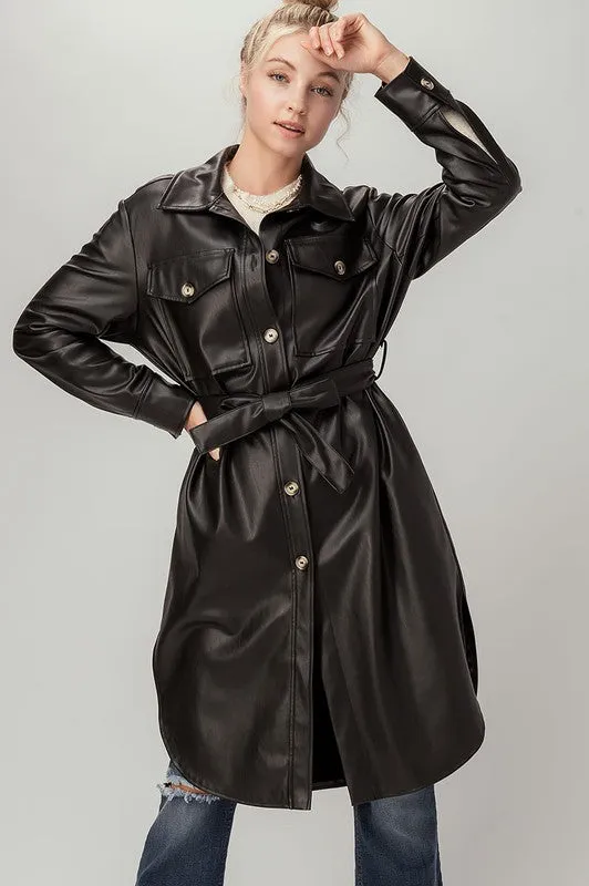 FAUX LEATHER BUTTON SHIRT DRESS