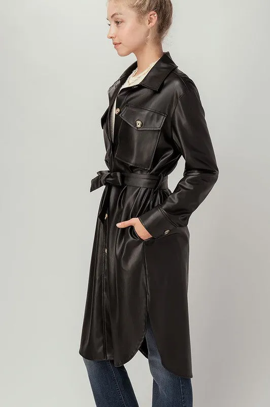 FAUX LEATHER BUTTON SHIRT DRESS