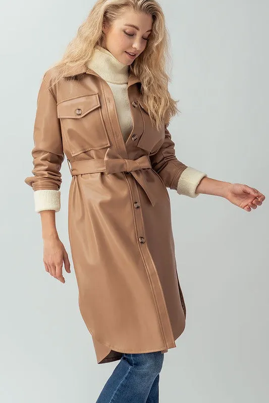 FAUX LEATHER BUTTON SHIRT DRESS