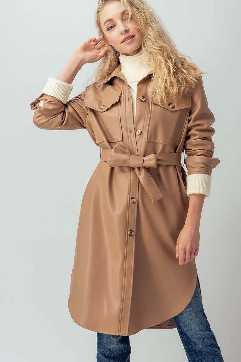 FAUX LEATHER BUTTON SHIRT DRESS