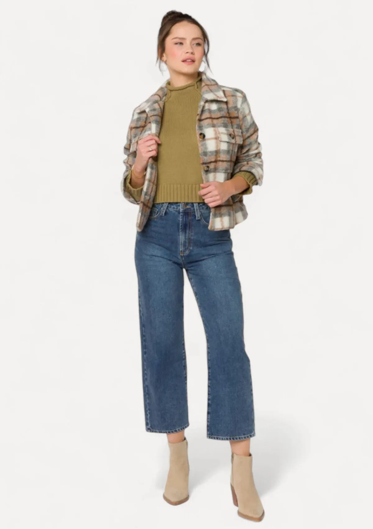 Frenchie Long Sleeve Button Shacket - Brown
