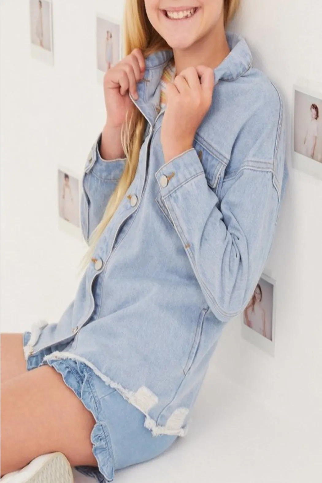 Friends Youth Light Wash Distressed Denim Shacket