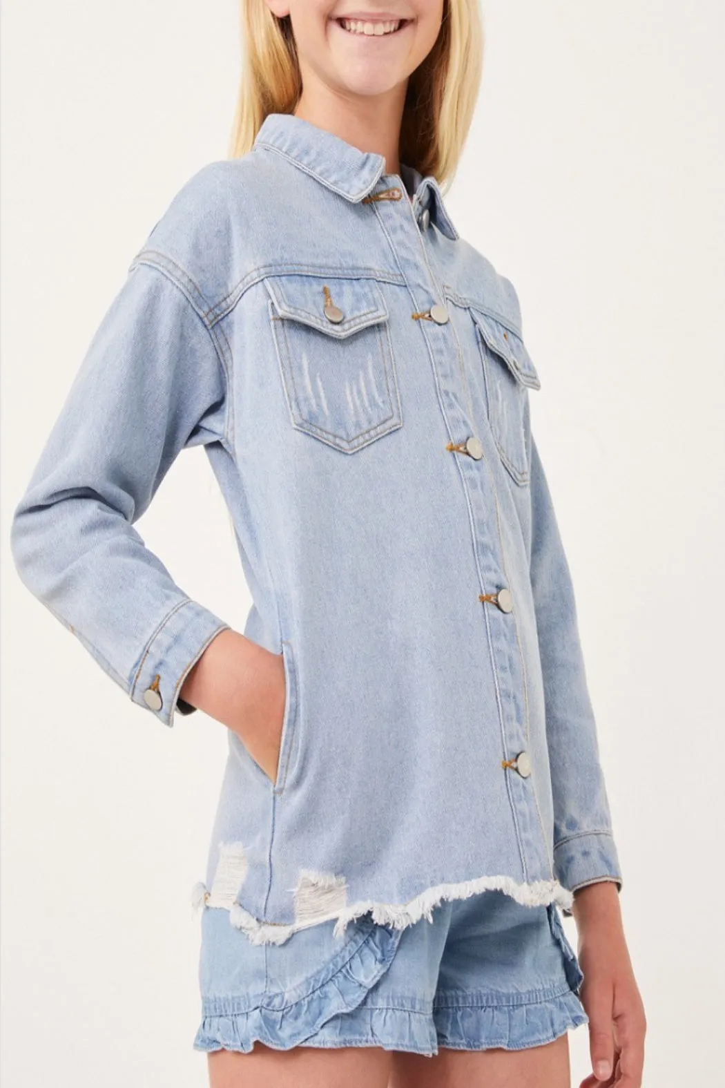 Friends Youth Light Wash Distressed Denim Shacket