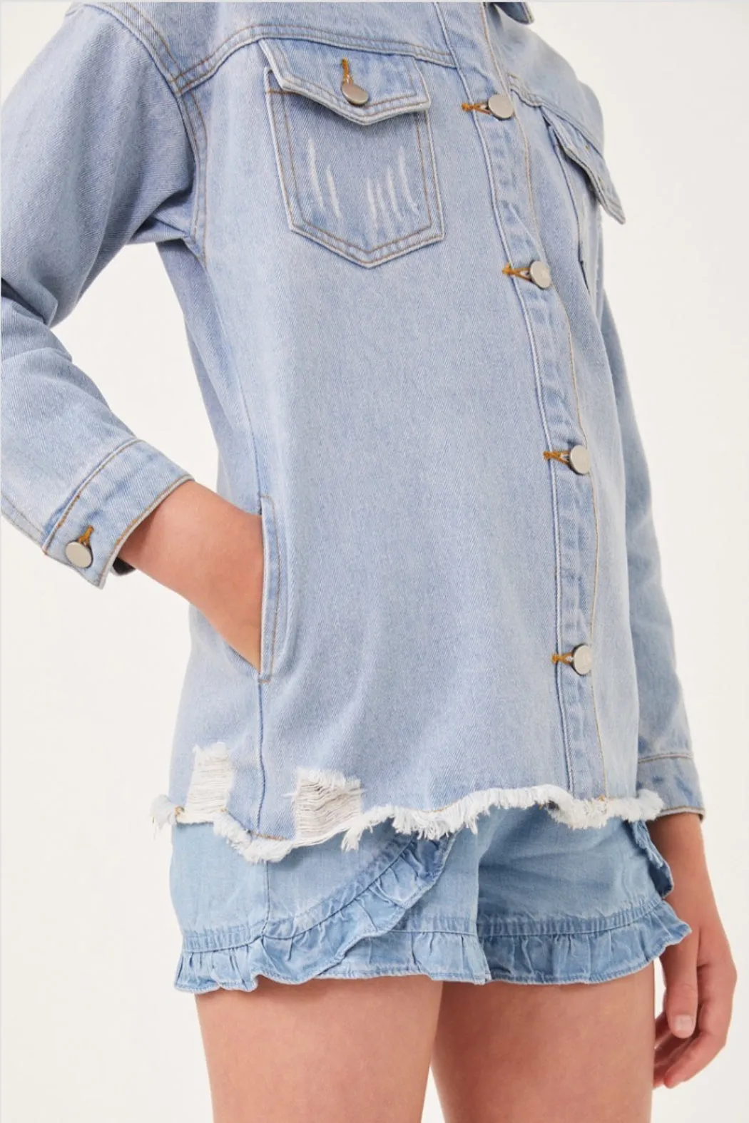 Friends Youth Light Wash Distressed Denim Shacket