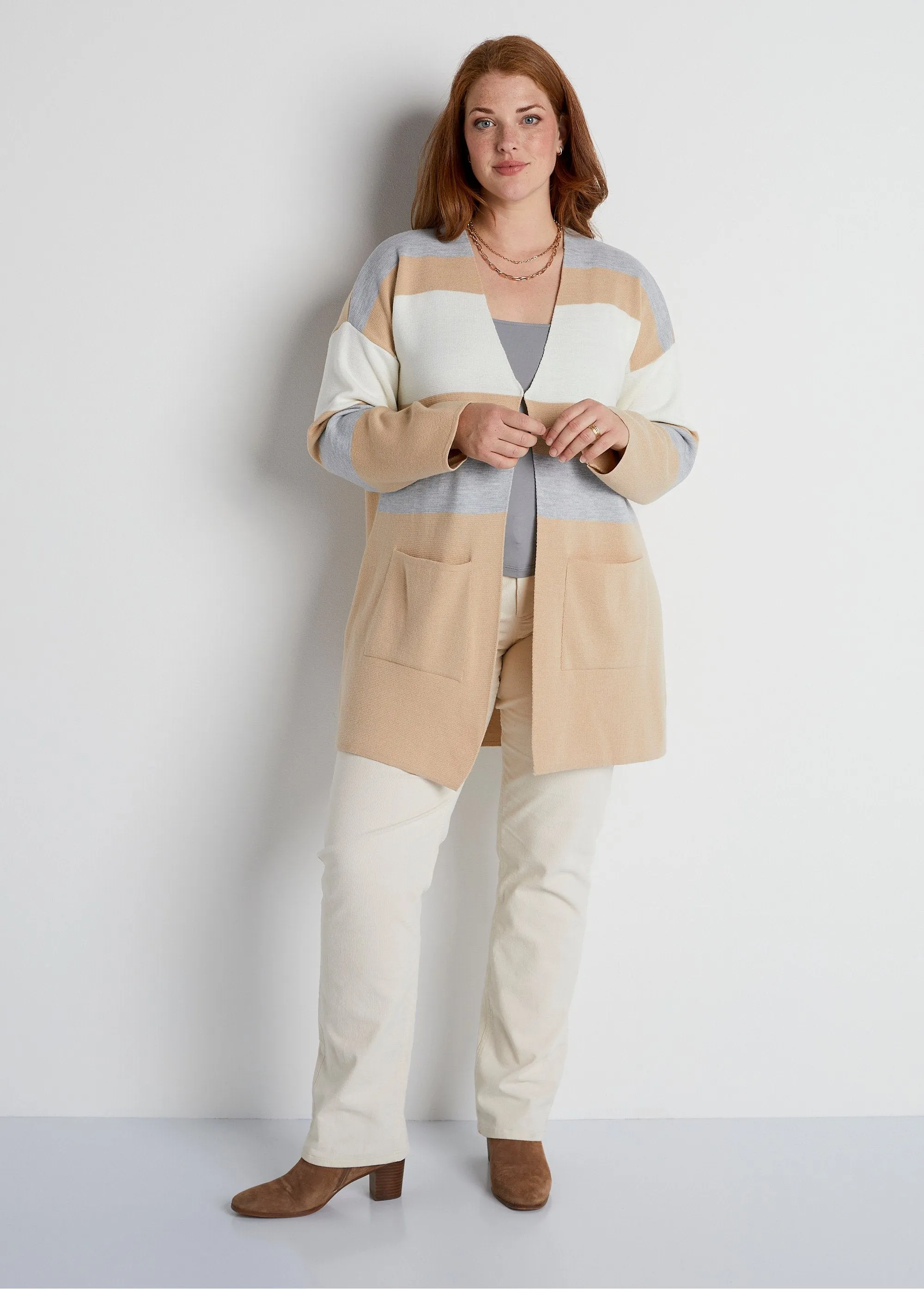 Gilet long col V jacquard rayé