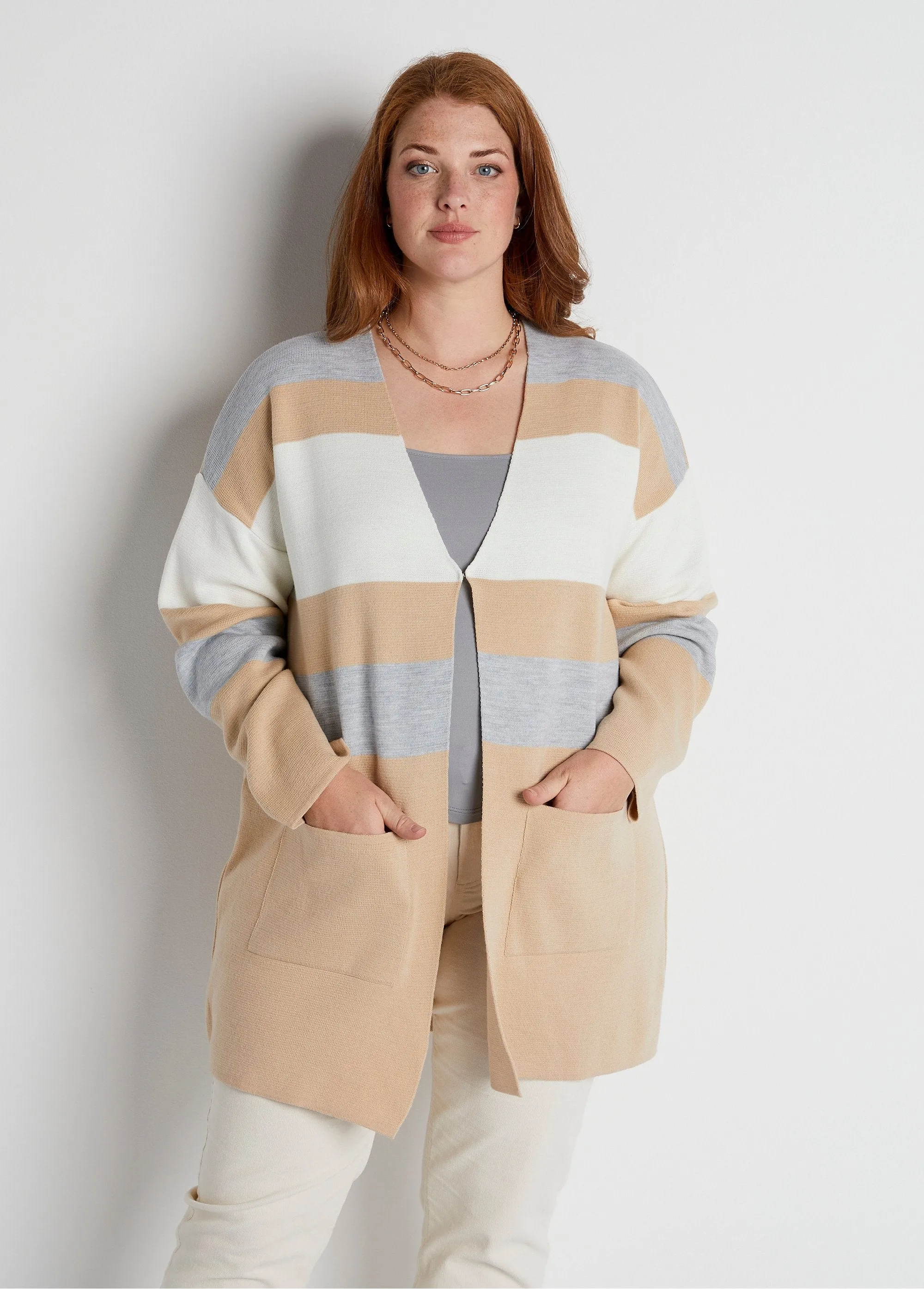 Gilet long col V jacquard rayé