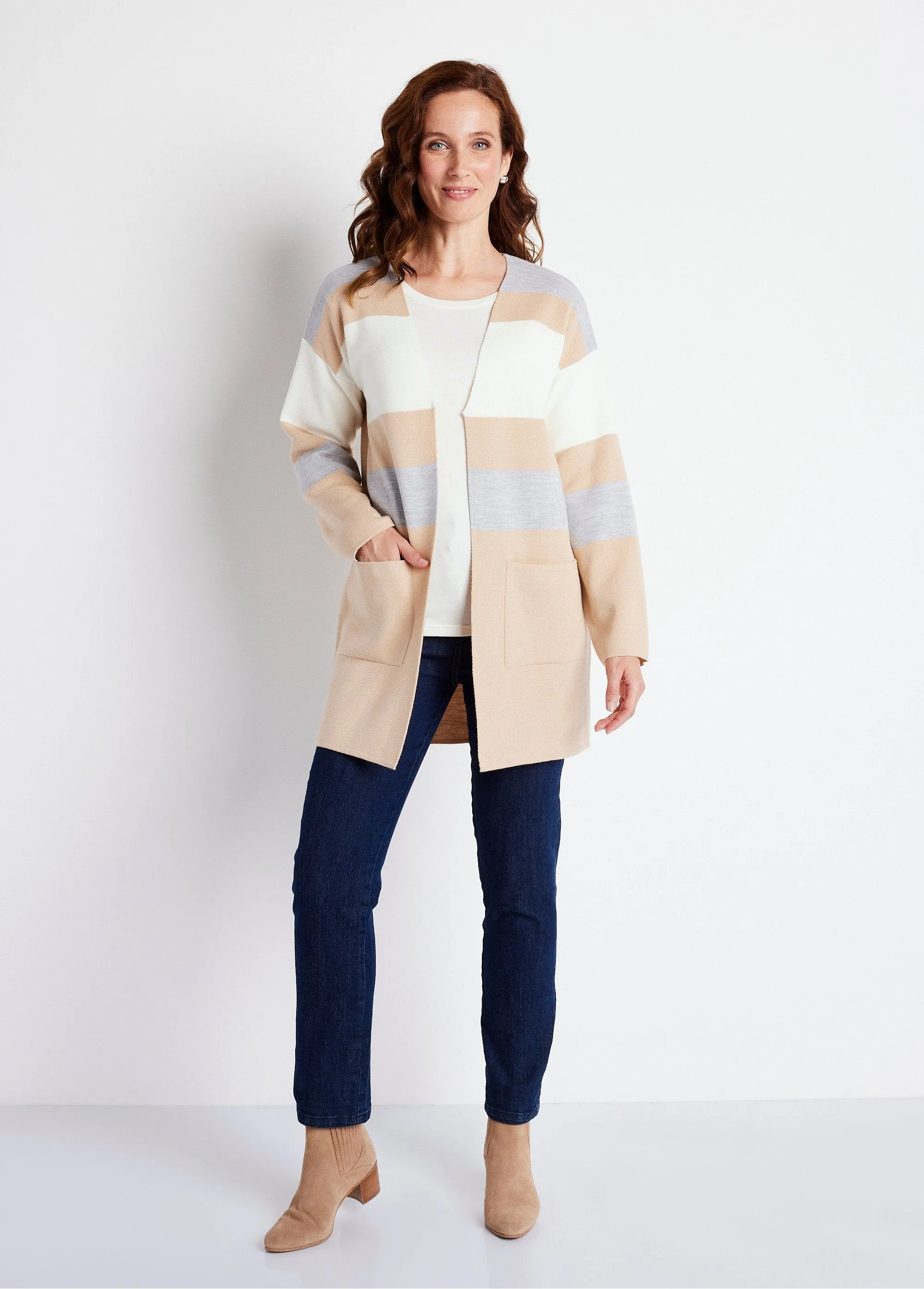 Gilet long col V jacquard rayé