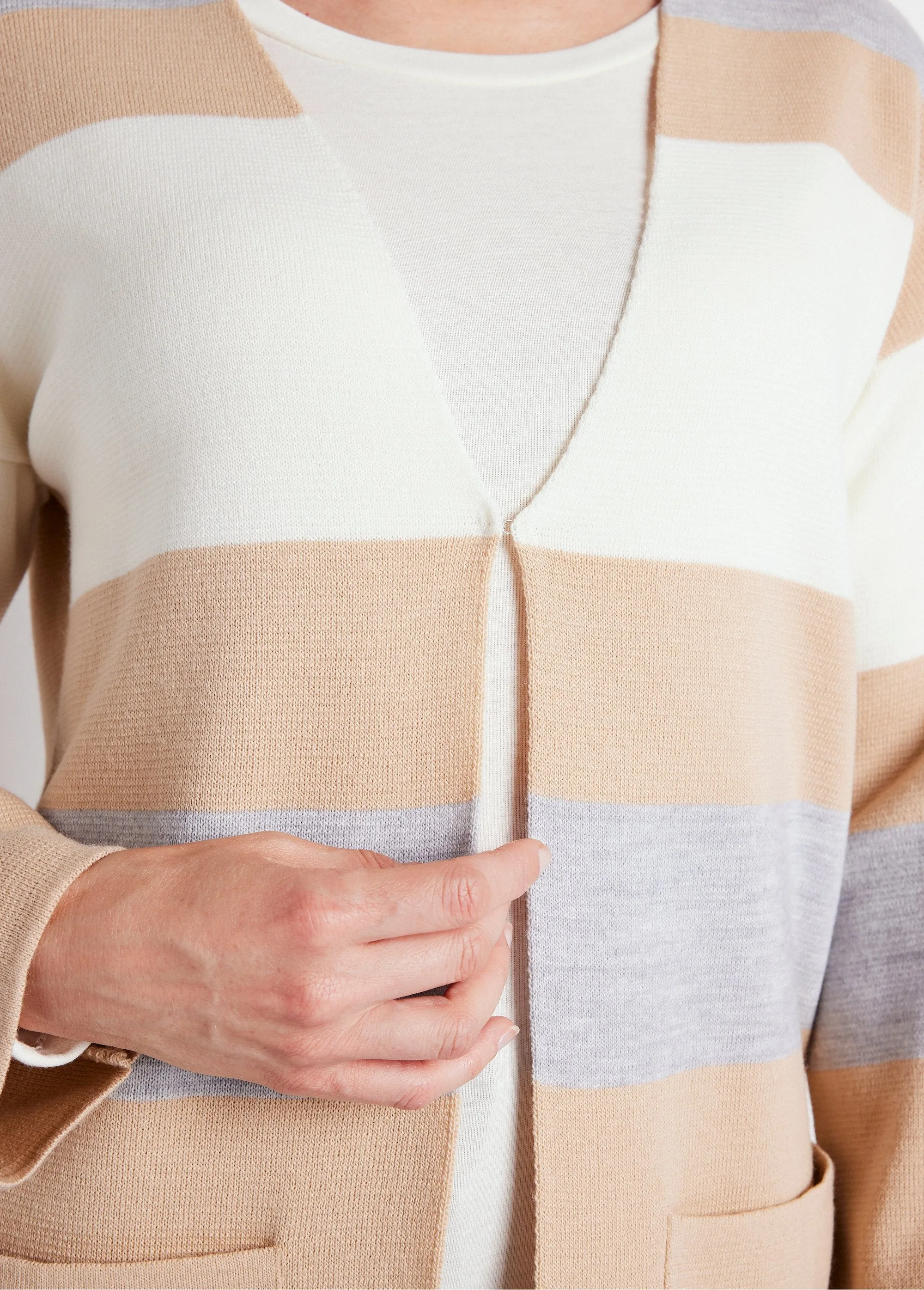 Gilet long col V jacquard rayé