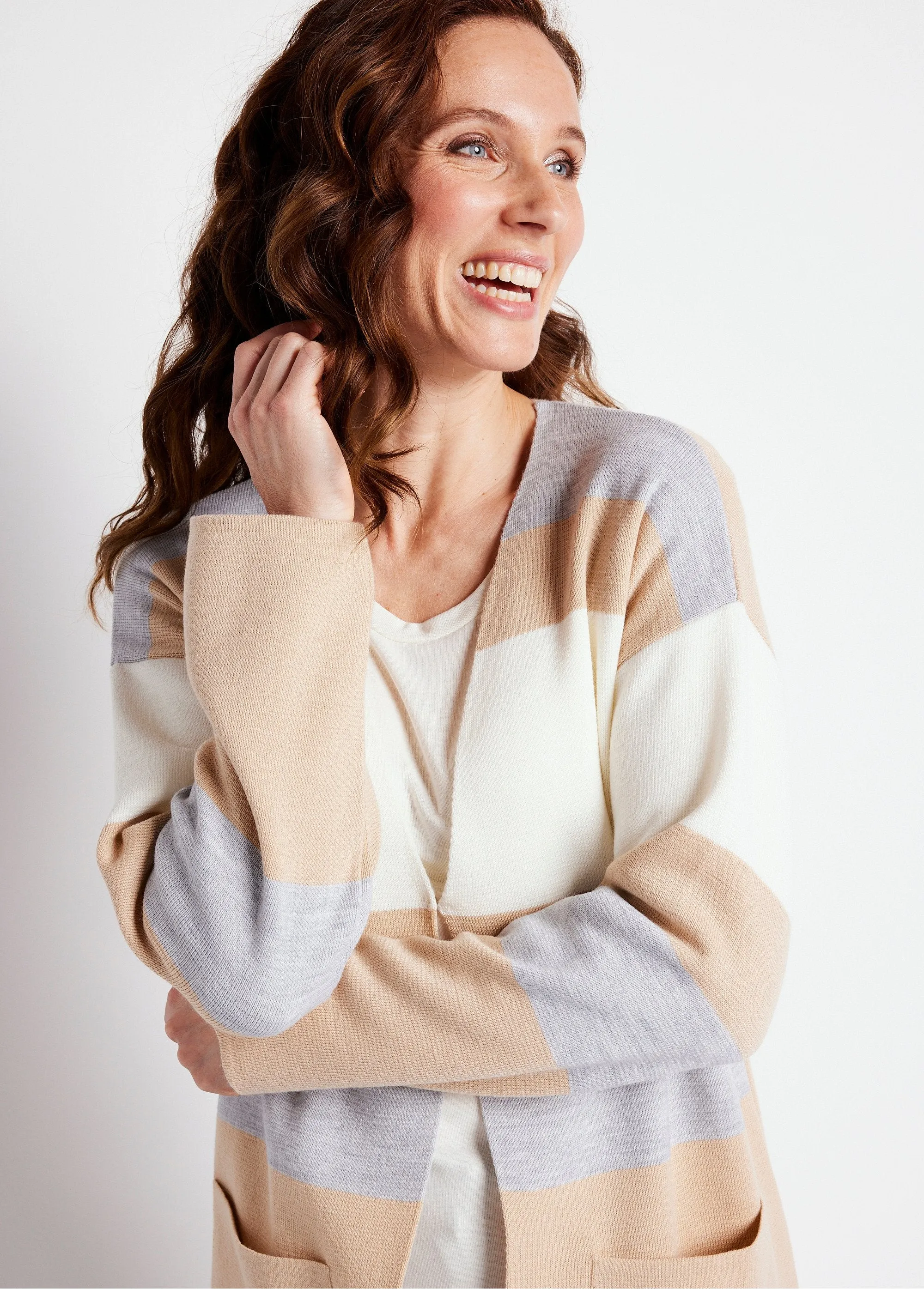 Gilet long col V jacquard rayé