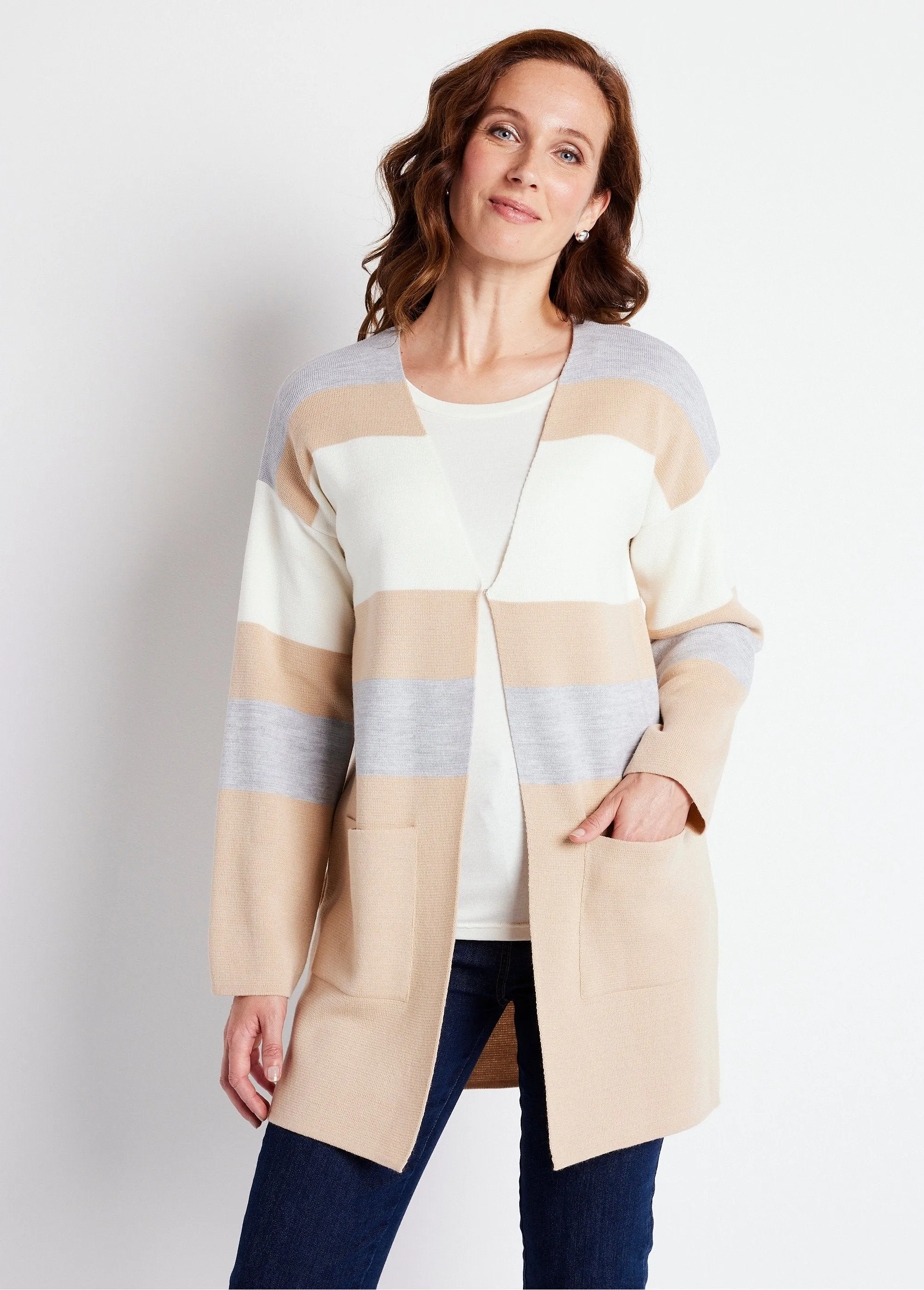 Gilet long col V jacquard rayé
