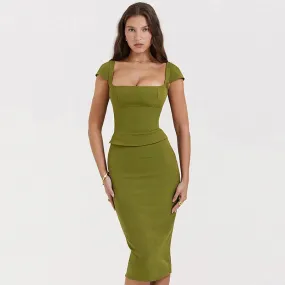 Green Square Neck Top And Trendy Bodycon Midi Skirt Two Piece Set