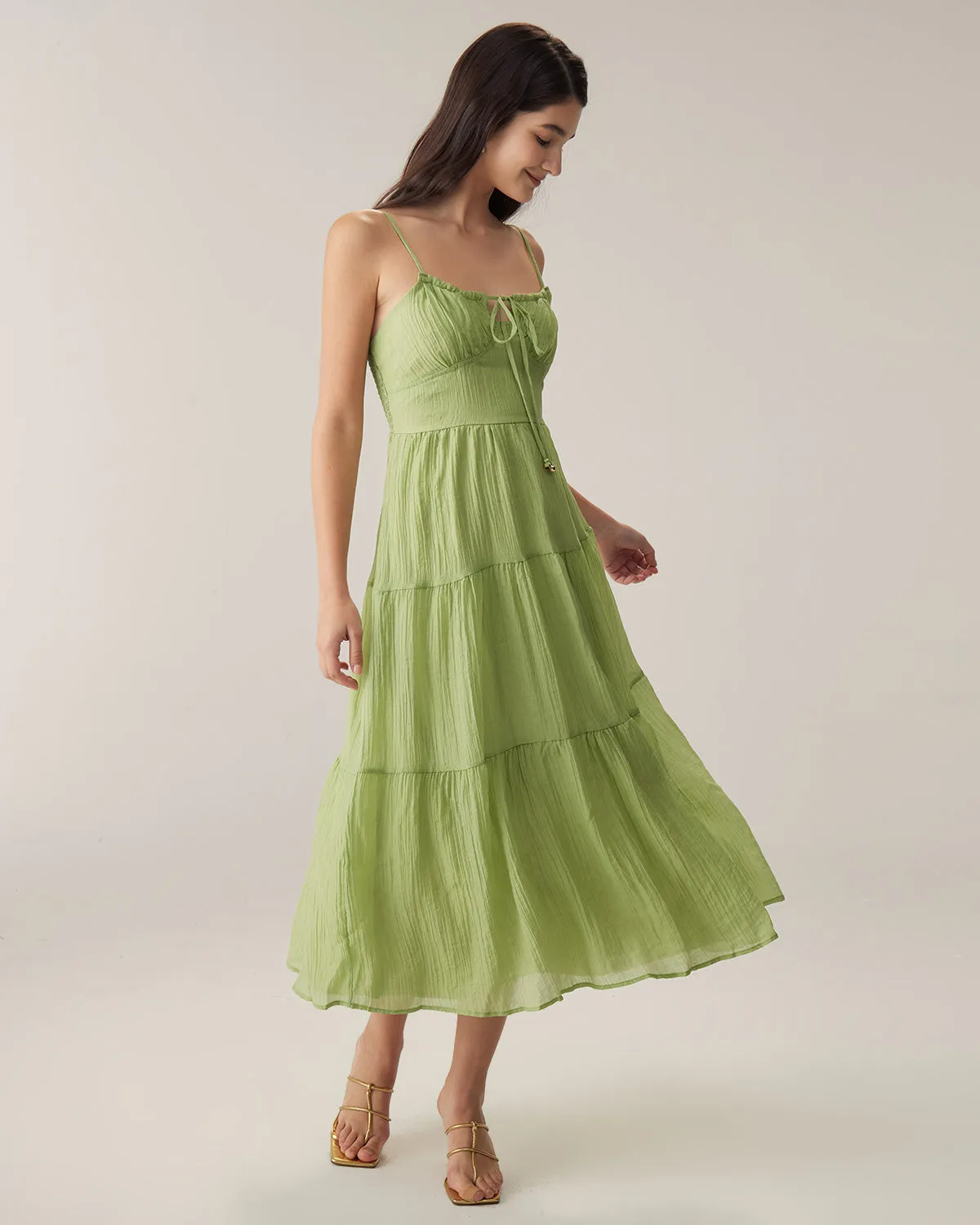 Green Tie Front Slip Midi Dress