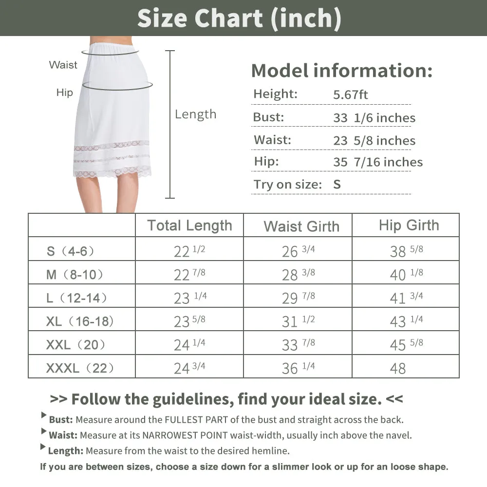 Half Slips for Women Underskirt Dress Extender Lace Trim Knee Length Midi Skirt 19-26" Length