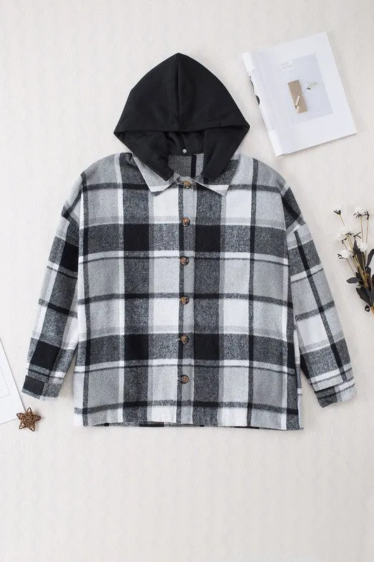 Hooded Plaid Button Front Shacket