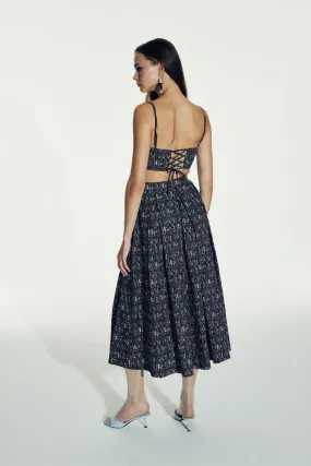 June Printed Cotton Midi Skirt in Brown