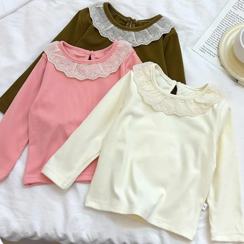 Kid Girl Lace Neckline Long Sleeves Base Layer Top