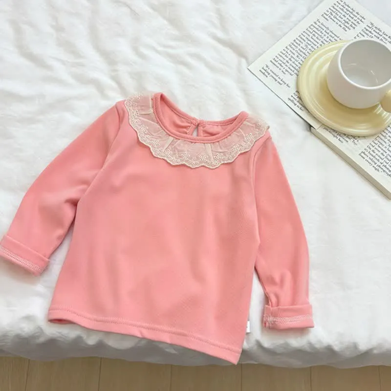 Kid Girl Lace Neckline Long Sleeves Base Layer Top