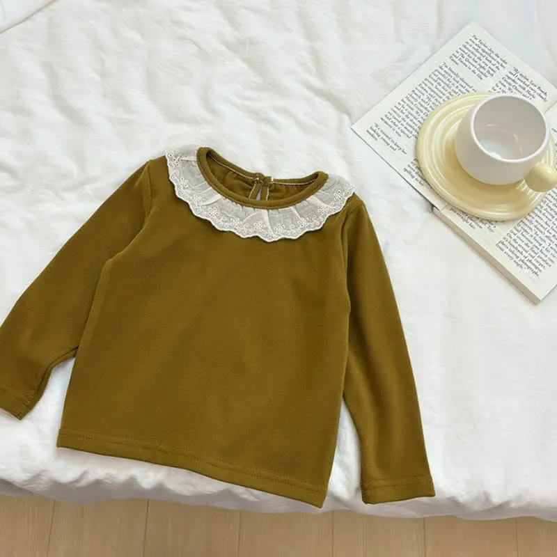 Kid Girl Lace Neckline Long Sleeves Base Layer Top