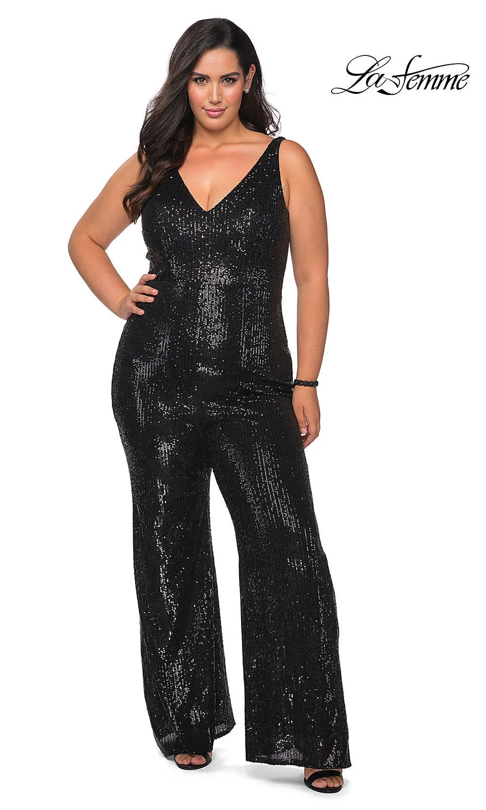 La Femme Sequin Formal Prom Jumpsuit in Plus Sizes