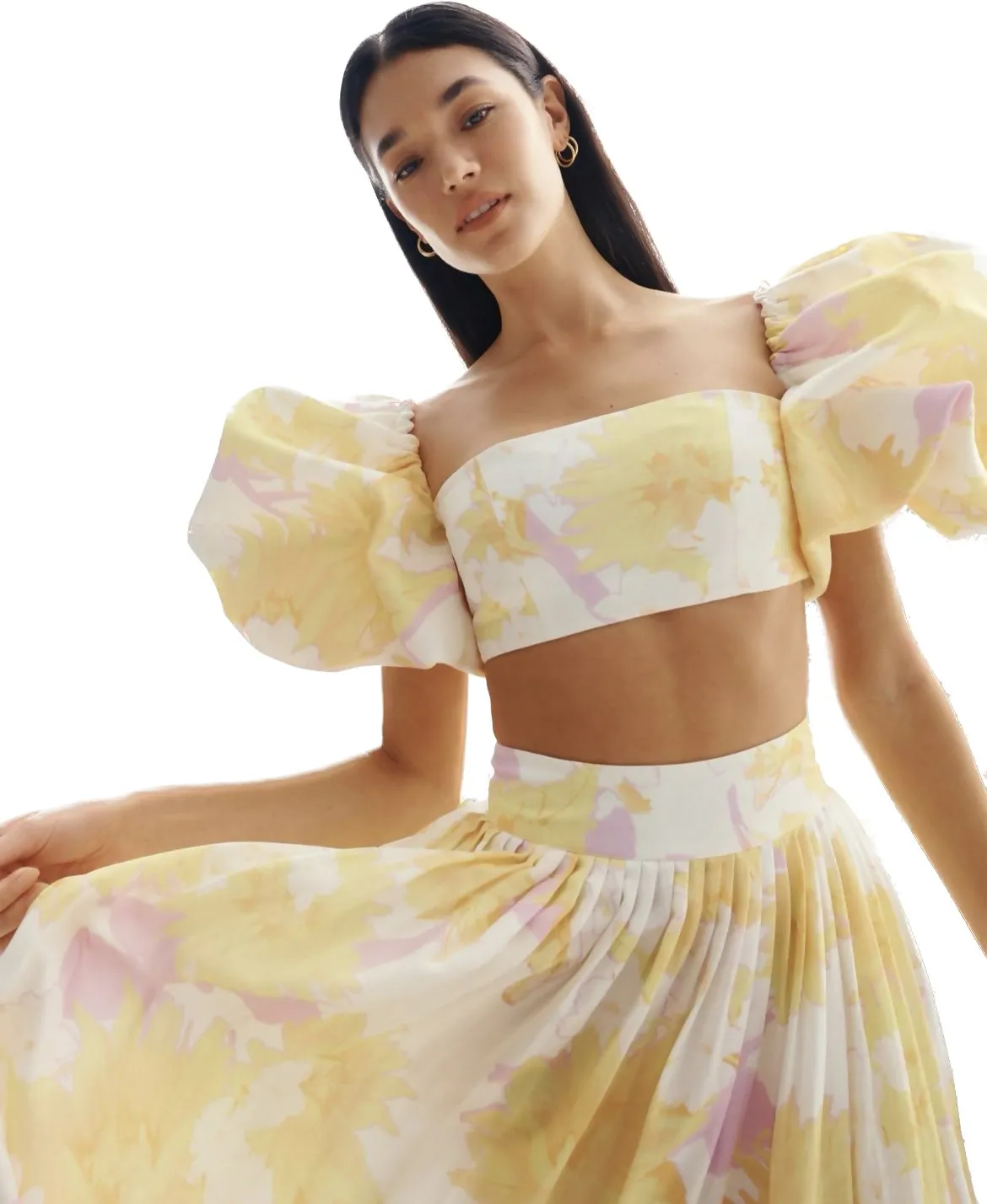 Leo Lin Simone Puff Top and Elina Pleated Midi Skirt