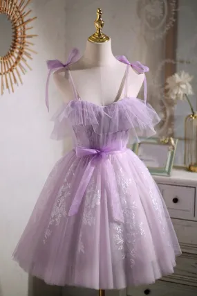 Lilac Spaghetti Strap Tulle Lace Short Prom Dress, Lovely A-Line Party Dress