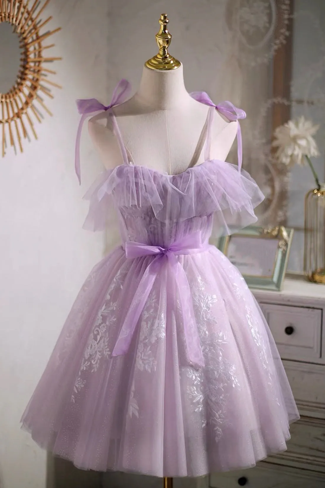 Lilac Spaghetti Strap Tulle Lace Short Prom Dress, Lovely A-Line Party Dress
