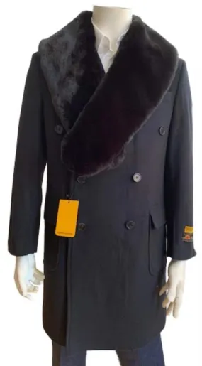 Mens Black Overcoat - Three Quarter men's Overcoat - Wool And Cashmere Peacoat Double Breasted - Topcoat