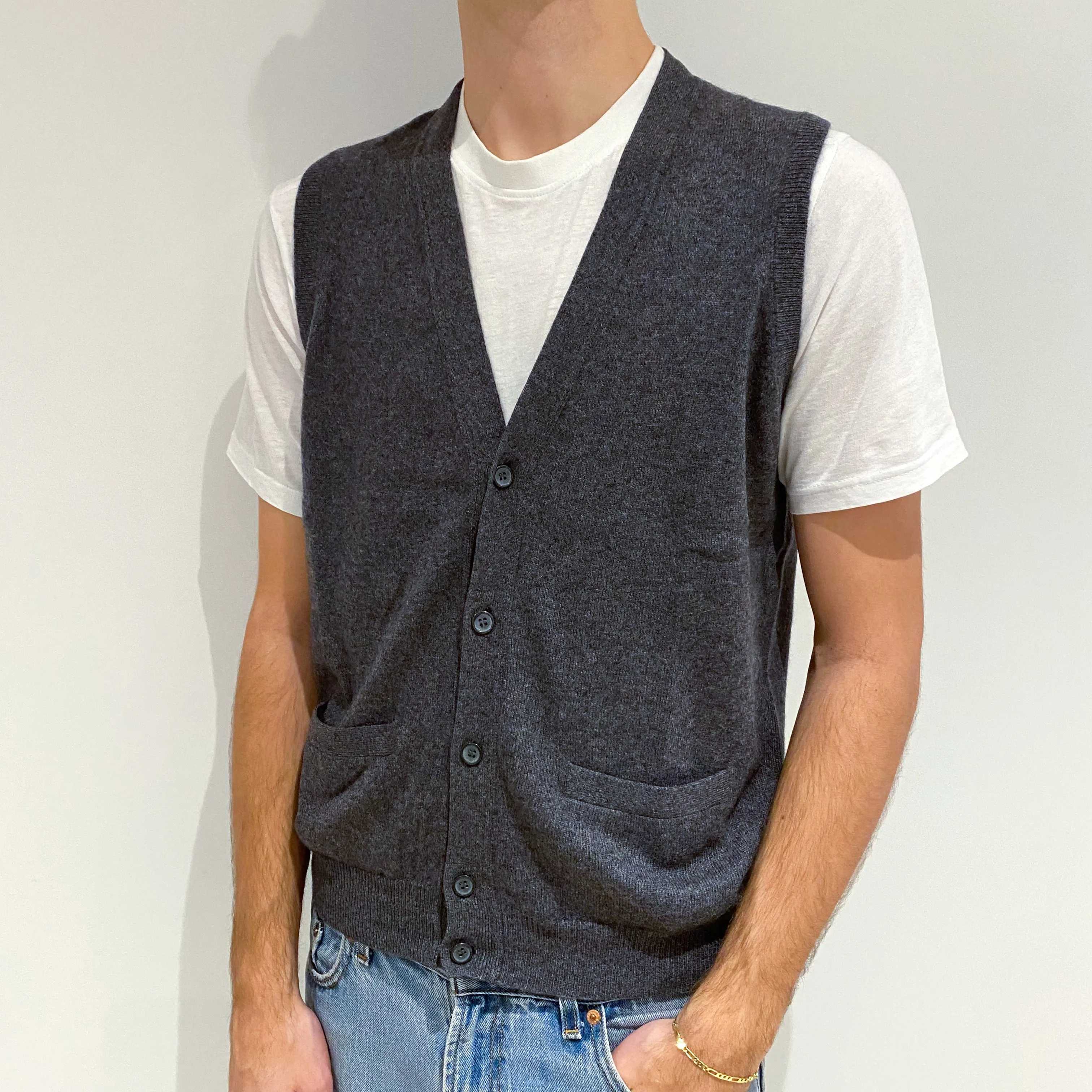 Men's Slate Grey Cashmere V-Neck Gilet with Pockets Large