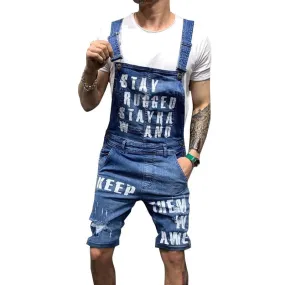Men's Vintage Letter Print Ripped Denim Shorts Overalls 57767118Y