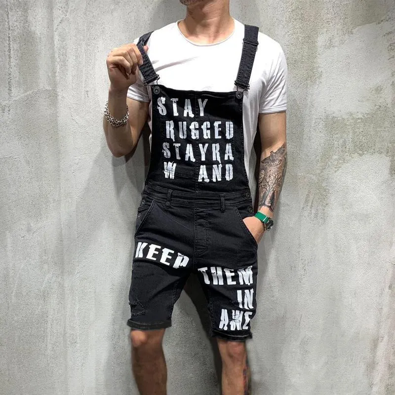 Men's Vintage Letter Print Ripped Denim Shorts Overalls 57767118Y