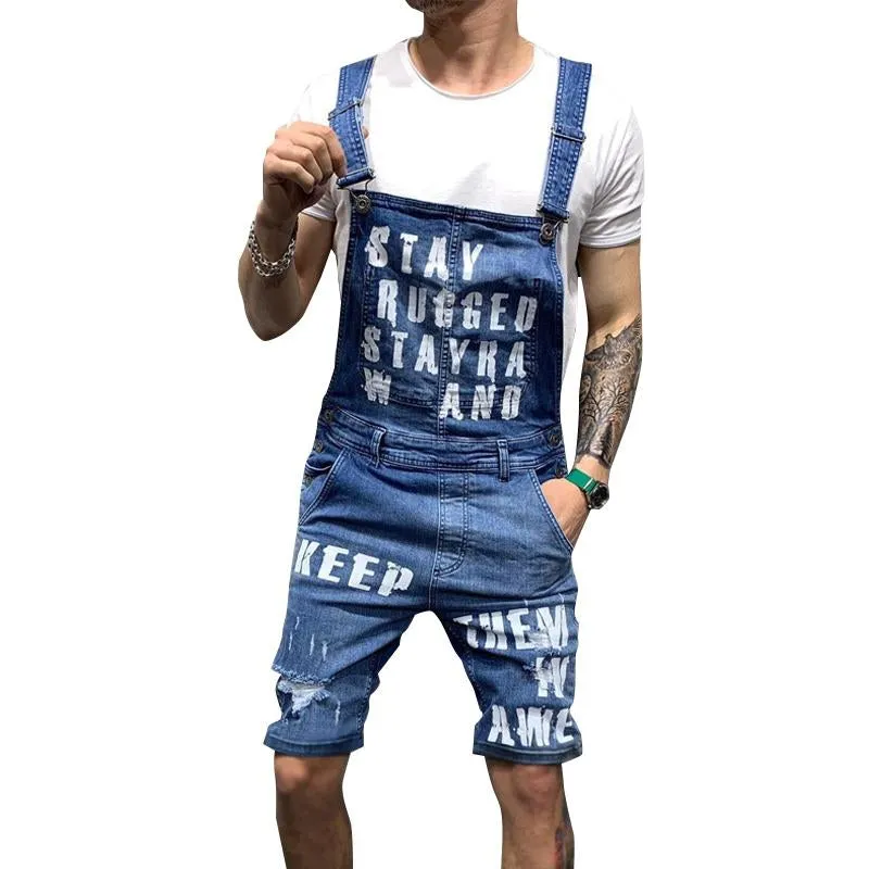 Men's Vintage Letter Print Ripped Denim Shorts Overalls 57767118Y