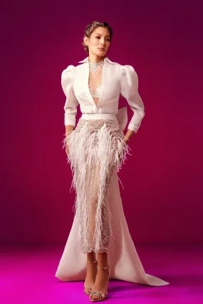 Midi Dress with Feathered Skirt and Sweep Train