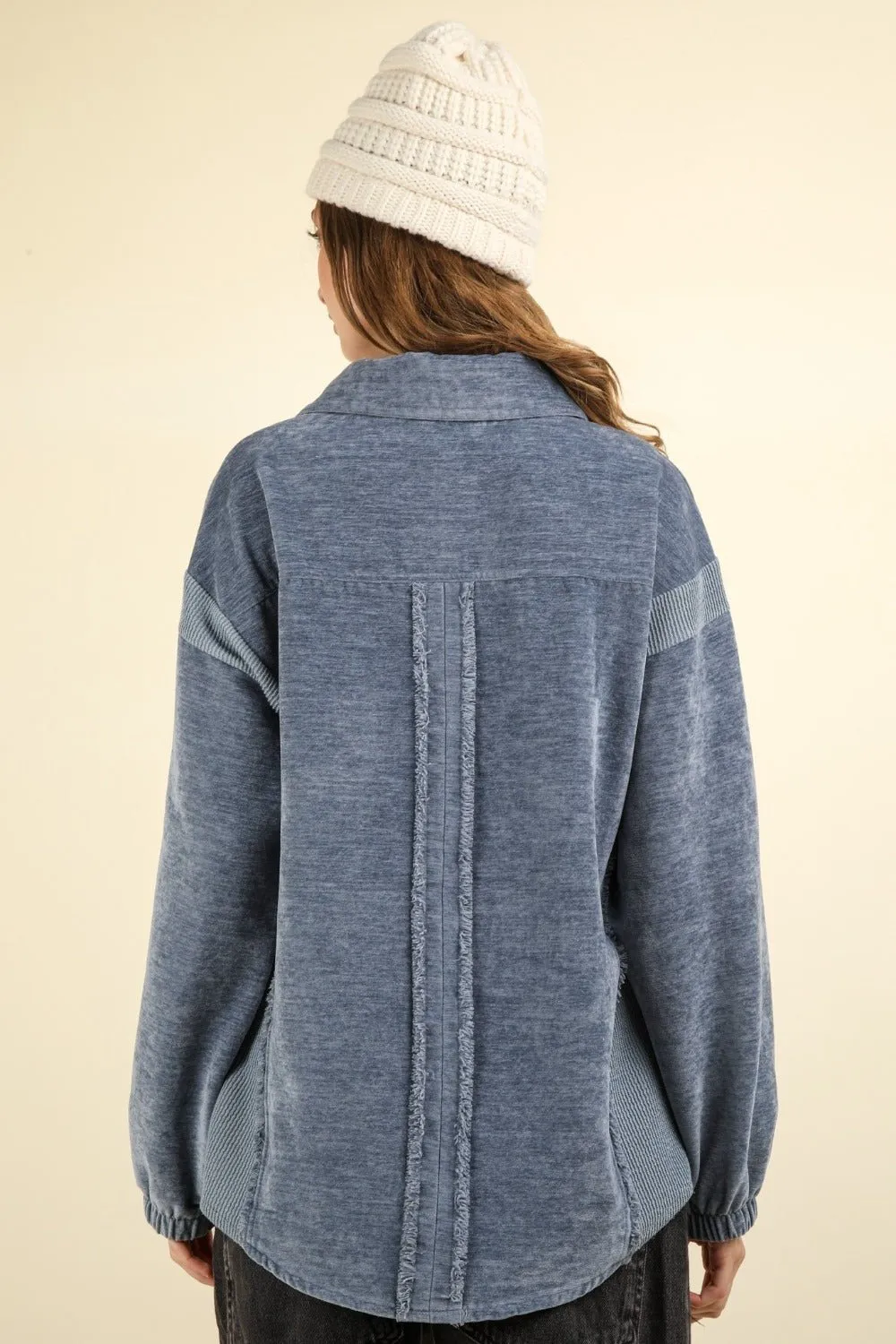 Mixed Media Button Down Raw Hem Shacket in Denim Blue